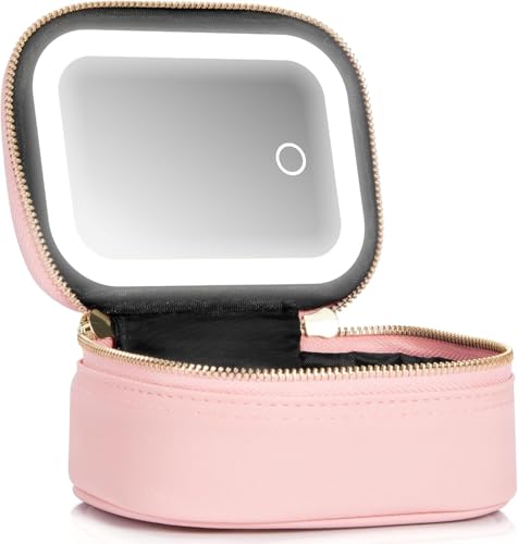 Trousse de maquillage rose avec miroir LED en PU style moderne