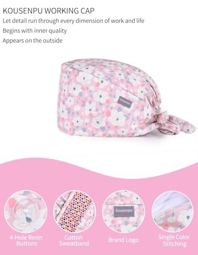 Image of Kousenpu Scrub Caps for Women, Adjustable Women's Surgical Cap with Buttons, Breathable Cute Design for Nurses and Doctors