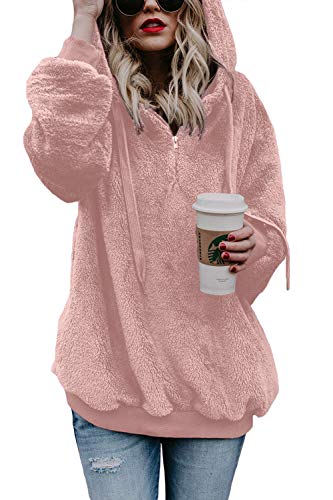 COCOLEGGINGS Adults Fuzzy Hooded Pockets Sweatshirt Fleece Pullover Tops Pink M