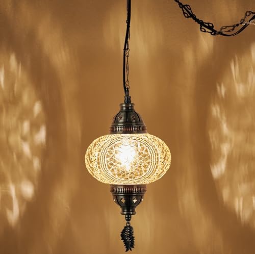 Hanging Moroccan Rustic Pendant Light Fixtures DEMMEX 3-Large 7'' Globes Turkish Moroccan Mosaic Plug-in Chandelier - Handmade Pendant Light With 15-ft Cord & Chain, Bohemian Ceiling Lamp For Swag Lamp Hanging Lamp