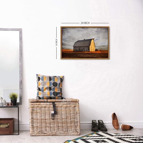 Image of Old Barn Canvas Wall Art Vintage Farmhouse Wall Decor Western Country Landscape Canvas Prints Sunset Farm Field Scenery Painting Neutral Rural Artwork for Living Room Bedroom Home Decorations 16x24 inch