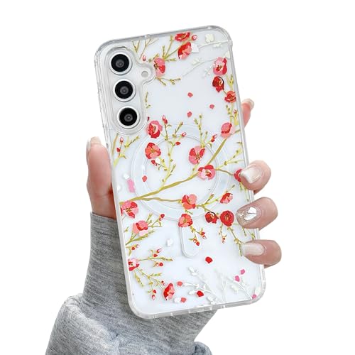 Coque Samsung S23 compatible Magsafe protection antichocs transparente floral rouge QLTYPRI