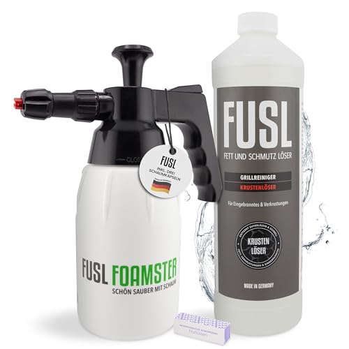 FUSL Grillreiniger Set – FOAMSTER Schaumkanone + 1L Krustenlöser – Extra starker Grillreiniger für Gasgrill, Smoker & Grillrost – Biologisch Abbaubar & Effektiv – Made in Germany