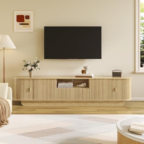 86.61'' Tambour TV Stand for 55-85 Inch, Modern Entertainment Center with Large Storage Cabinet & Open Shelves, TV Console with Sliding Doors for Living Room, Bedroom, Natural