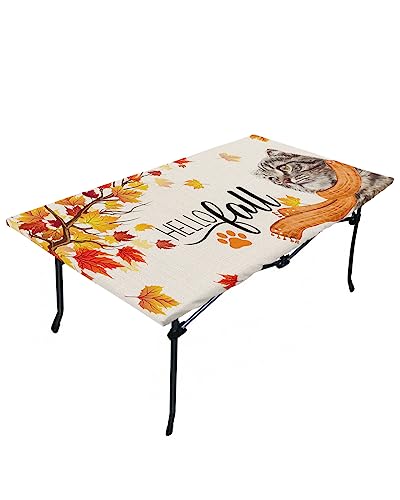 LEOKOTI Hello Fall Fitted Table Covers for 3 Foot Tables, Thanksgiving Cat Red Orange Maple Leaf Rustic Elastic Table Cover Rectangle 24