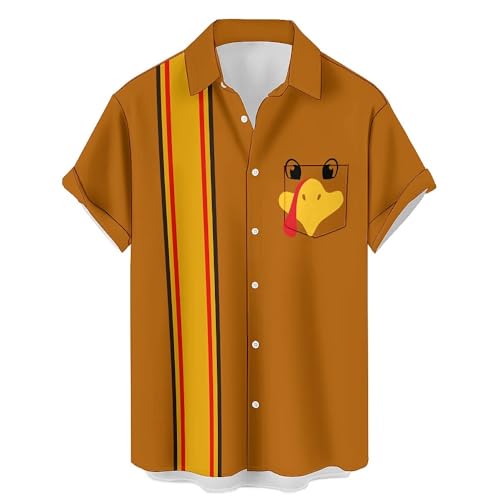 Mens Thaksgiving Hawaiian Shirts Turkey Short Sleeve Button-Down Shirt Loose Fit Casual Bowling Tops