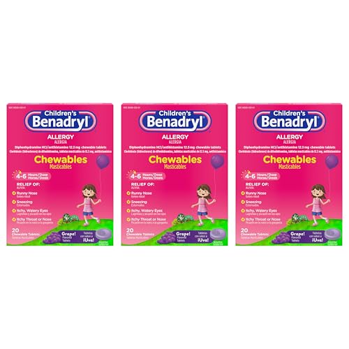 Image of Benadryl Children's Allergy Chewables with Diphenhydramine HCl, Antihistamine Chewable Tablets in Grape Flavor, Three Pack, 3 x 20 ct Each, 60 ct