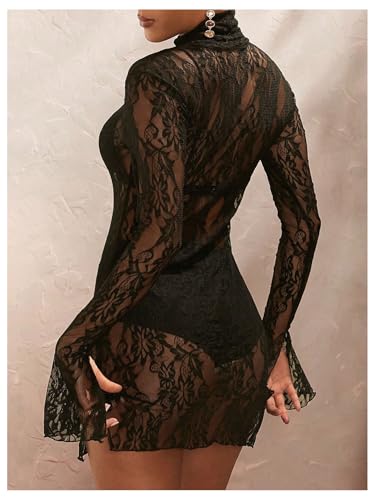 Image of BEAUDRM Women's Lace Mini Dress See Through Sheer Mesh Lingerie Dress Mock Neck Bodycon Dresses Party Outfits Clubwear