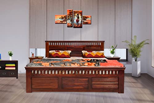 Image of Sheesham Wood Queen Size Bed with 4 Storage Box and 2 Bedside End Table for Home