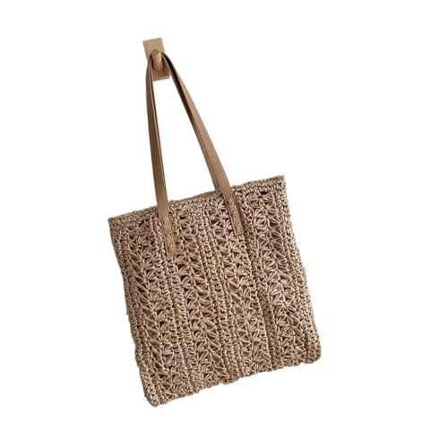 Handmade Woven Raffia Beach Bag | Square Hollow Straw Shoulder Bag | Bohemian Summer Tote for Travel & Shopping(Beige AddRibbon)3