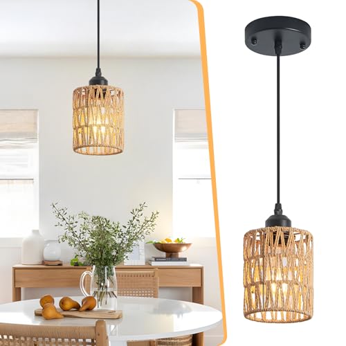 OTeedo Rattan Chandelier Pendant Lights Kitchen Island,Farmhouse Boho Chandeliers Adjustable Height Hanging lamp for Dining Room,Small Kitchen Ceiling Light Fixtures with Hand Woven Wicker Lampshade