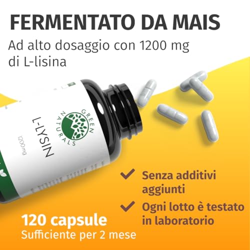 L-Lisina - Alta dose: 1200 mg - 120 capsule (2 mesi di scorta) - Fermentata dal mais - 100% naturale, pura e vegana - Green Naturals® - 2