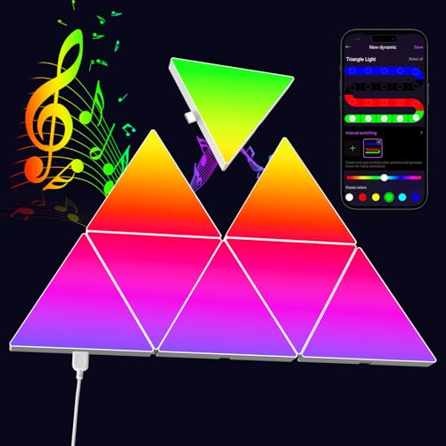 Image of 8 PCS Led Triangle Light Panels - Smart APP 6 inches Triangle RGB Gaming Lights with Music Sync Gaming Theme for Kids and Teens Room Playroom Decor