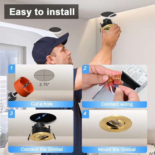 Image of POPANU Premium Shiny Gold 3-inch LED Recessed Lights - 5 CCT 3 Inch Eyeball Ceilling Gimbal Potlight, Dimmable Recessed Lights Fixture with Junction Box, 8W CCT Adjustable, Shiny Gold, 6P