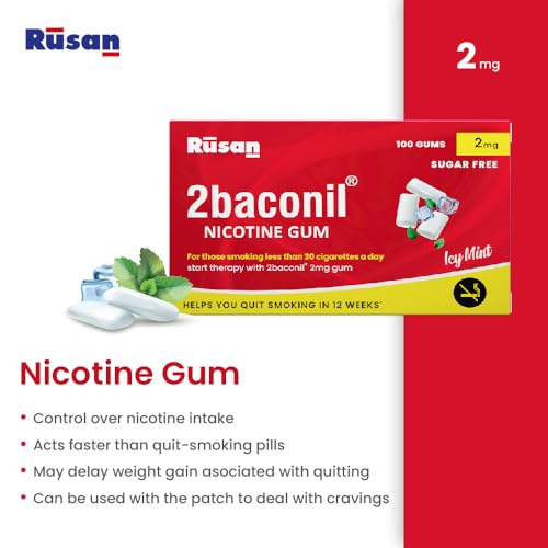 Image of Rusan 2baconil 2mg 100 Nicotine Gums | Icy Mint Flavor | Sugar-Free | Quit Smoking & Chewing Tobacco /Gutkha | Nicotine Replacement Therapy | Reduces Cravings & Withdrawal Symptoms