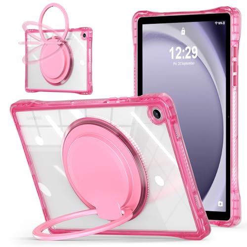 MEEgoodo Case for Samsung Galaxy Tab A9 Plus 11 inch 2024 2023 (Fit Model SM-X210/X216/X218), A9+ Tablet Cases with Soft TPU & Transparent Acrylic Back Cover & Rotating Stand, Pink