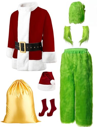 dgdgcool Christmas Green Costumes Adult, 8pcs Furry Santa Claus Costume