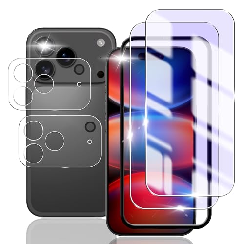 Awubaige 【ブルーライトカット】For iphone17 pro max 用の ガラスフィルム + For iphone17 pro max 用の カメラフィルム【2+2枚セット+ガイド枠付き】いpほね17 pro max 用の 目の疲れ軽減 指紋