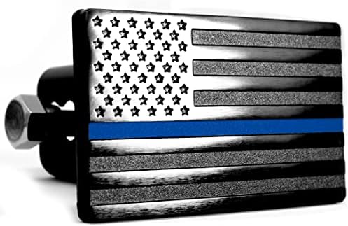 MULL USA Flag Metal Trailer Hitch Cover with Anti-Rattle Hitch Pin Bolt (Fits 2" Receivers, Black with Thin Blue line)