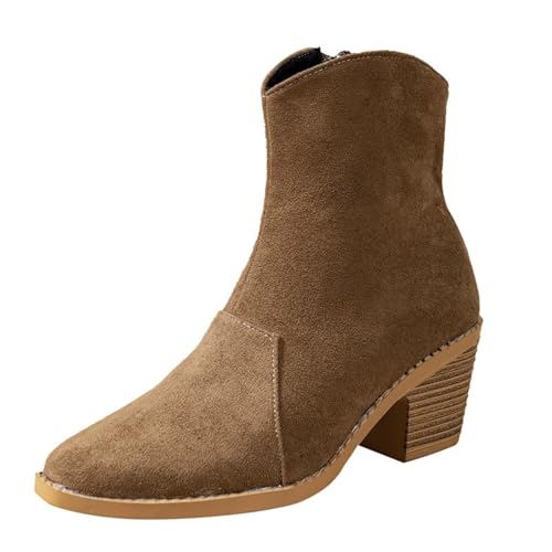 Wabkderpu Women's Ankle Boots Fleece Lined Warm Winter Boots Pointed Toe Chunky Heel Short Booties Side Zipper Pu Leather Mid Calf Boot Comfortable Fashion Dress Boot Light Brown
