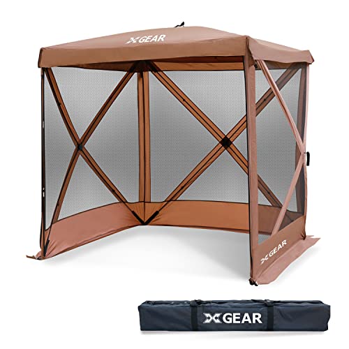 XGEAR 4-Sided Pop Up Camping Gazebo Instant Canopy Screen House with Mosquito Netting, for Patio, Backyard, Outdoor, Quick Set Up, Brown