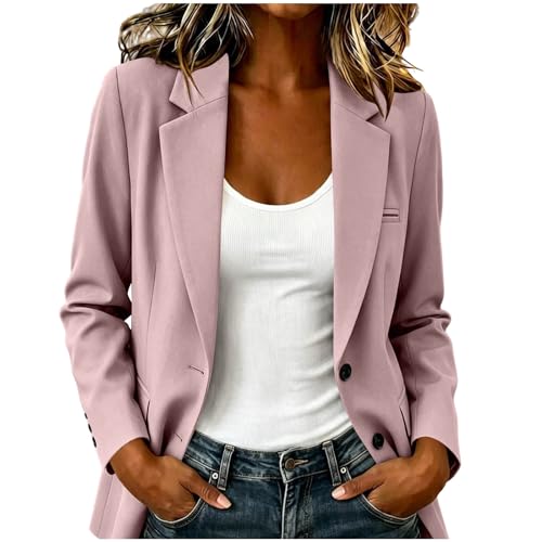 Image of TTHVYE Suit Jackets for Ladies Uk - Office Blazer Single Breasted Women Long Sleeve Notch Lapel Coats Elegant Slim Fit Outerwear Open Front Flap Pockets Stretchy Fabric Business Pink 3XL