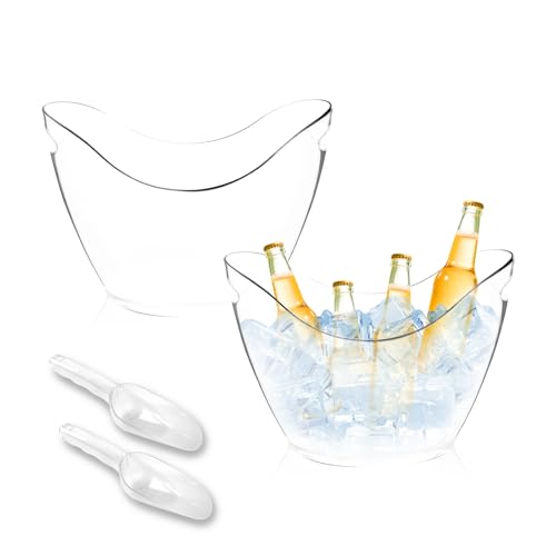 WELKOR 8L Clear Plastic Champagne Ice Bucket & Beverage Chiller Tub Set- Perfect for Parties, Mimosa Bars, Beer, Wine,Drinks & Cocktails (8L, 2 ice Buckets & 2 ice Scoops)