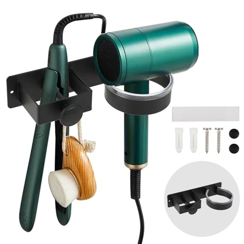 FHISKUNYU Soporte para Secador de Pelo y Plancha sin Taladro en Acero Inoxidable Negro – Soporte de Pared para Baño, Hoteles y Barbería – 1 Unidad​