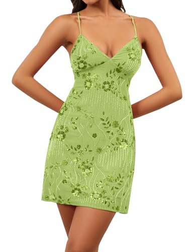 Image of calbatic Women Sequin Sparkly Rhinestone Mini Dress Sleeveless Backless Deep V Neck Glitter Short Cami Dress Party Clubwear