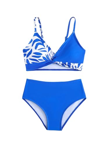 Milumia Girl's Swimsuit 2 Piece Floral Print Twisted Spaghetti Strap Bikini Set Swimwear