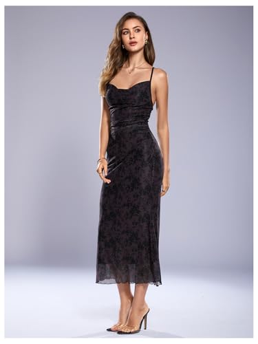 Image of SOLY HUX Women's Floral Mesh Bodycon Cami Dress Cowl Neck Sleeveless Cocktail Party Wedding Guest Long Maxi Dresses