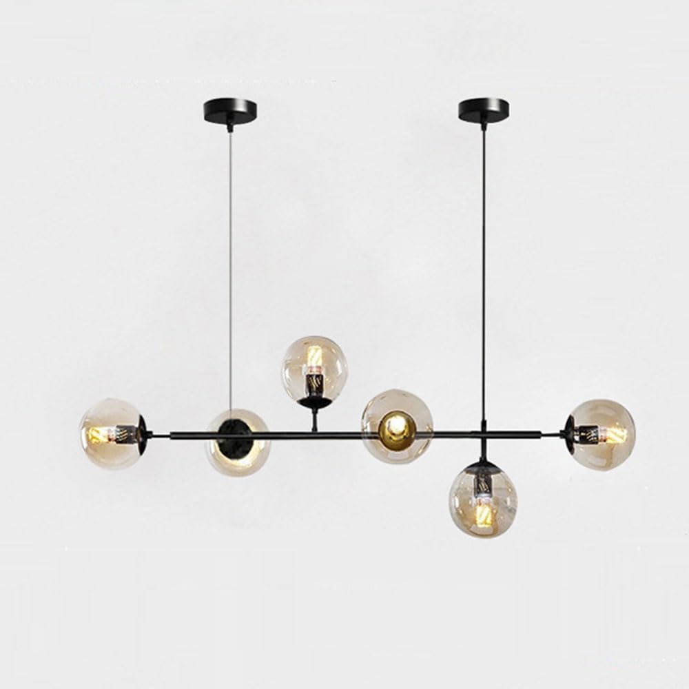 LYMSXAZOU Modern E27 Chandelier 6-Light Glass Ball Pendant Industrial Northern Europe Style 130CM Ceiling Lamp for Living Room Dining Restaurant Art Decor (Black & Amber)