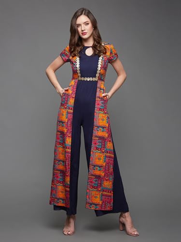 Image of Miss Chase Women's Keyhole-Neck Regular Sleeve Bohemian Panelled Regular-Length Jumpsuit