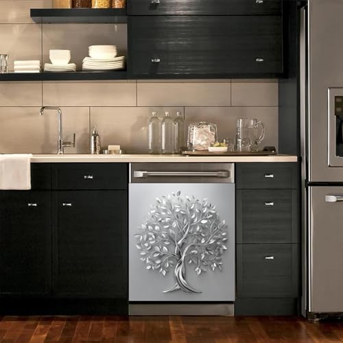 Image of BVBOX Dishwasher Magnet Cover 23 inchx26 inch, Reusable Magnetic Refrigerator Covers, Decorative Magnets Cover Fridge Door Skin Panel Stickers for Home Kitchen Appliance (Silver Tree of Life, 23 inchx26 inch)