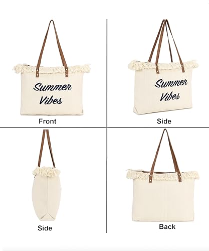 Image of GRECIILOOKS Eco Canvas Boho Tote Bag for Women, Spacious Jute Handbag with Faux Leather Straps, Frayed Edge & Floral Print, Lightweight Shoulder Bag for Beach Travel Shopping Work