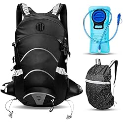 Mochila Senderismo 20l, Pack Mochila Trekking + Vejiga de Hidratación de 2L, Mochila Impermeable Unisex para Alpinismo, Esquí, Bicicleta Montaña + Bolsa de Hidratación (Negro)