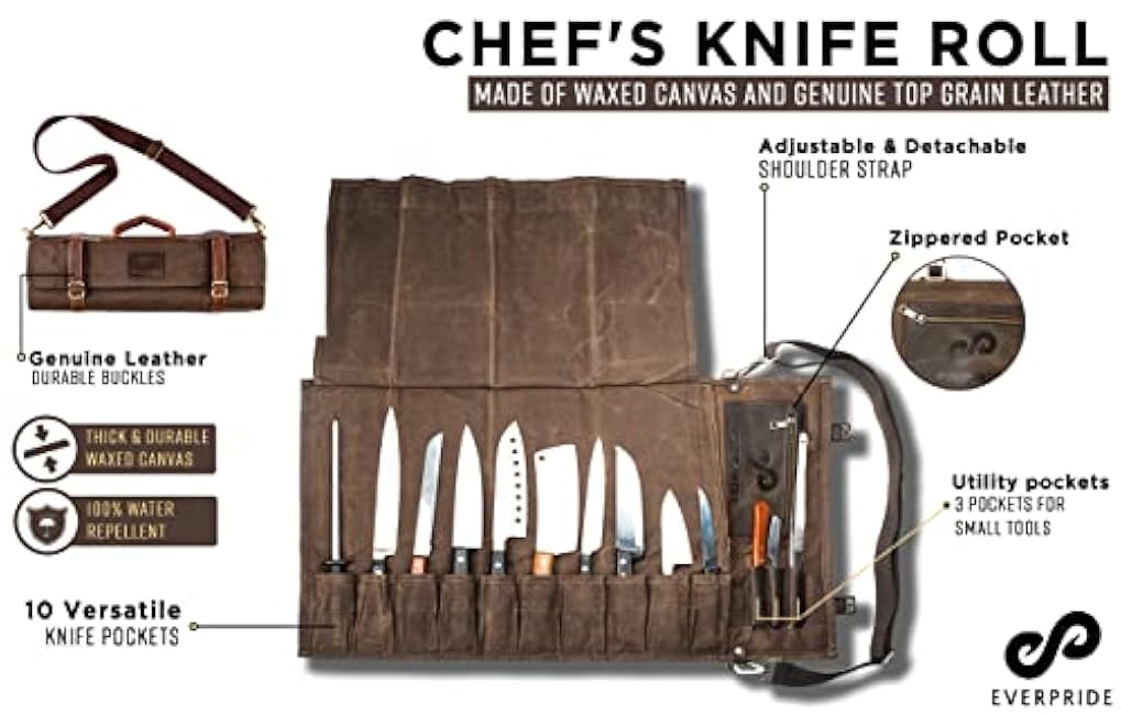 EVERPRIDE Waxed Canvas and Leather Chef Knife Roll Bag for Professional Chefs