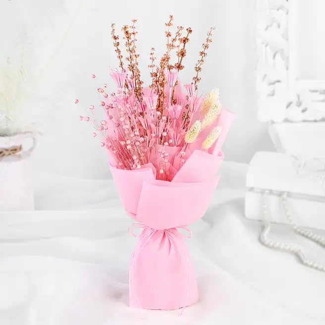 FNP Pink Dried Flower Bouquet with Phalaris, Tishi Grass & Nigella | Pink Raffia Tied, 30.48 x 12.70 cm, Mixed Botanicals, Non-Woven Wrapping, Approx 50-100 gms-image-11