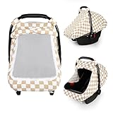 DILIMI Car Seat Covers for Babies, Muslin Cotton Baby Car Seat Cover with Breathable Mesh Window, Summer Infant Car Seat Canopy for Boys Girls Newborn, Brown Plaid