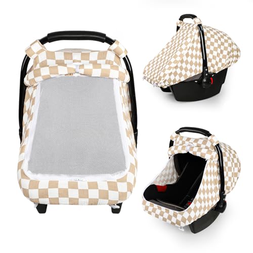Image of DILIMI Car Seat Covers for Babies, Muslin Cotton Baby Car Seat Cover with Breathable Mesh Window, Summer Infant Car Seat Canopy for Boys Girls Newborn, Brown Plaid