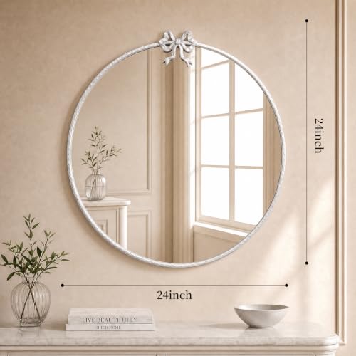 Image of 24 Inch White Circle Mirror Round Wall Mirror Vintage Bow Mirror Decor