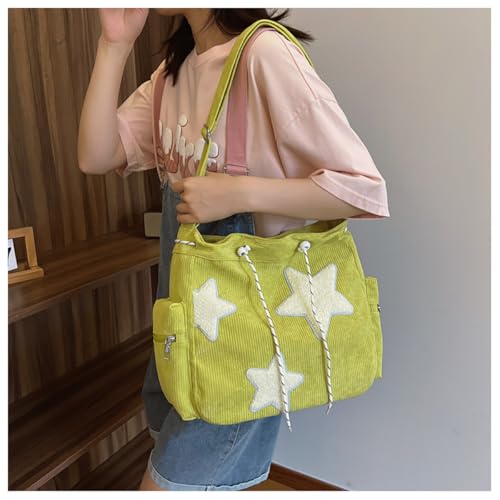 Image of Y2K Star Hobo Bag for Women - Corduroy Drawstring Crossbody Bag, Aesthetic Travel Shoulder Tote (Green)