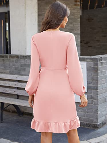 Kate Kasin Women's Tie Waist Semi Formal Dress Long Sleeve V Neck Wrap Dress Homecoming Dress Party Work Dress With Belt Light Pink M #TOP1