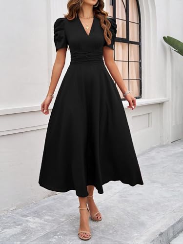Krumba Women V-Neck Summer Dress: Puff Short Sleeve A-Line Midi for Casual Beach Party - Semi-Formal Maxi for Wedding Guest4