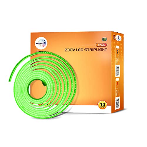 wipro Garnet 10 Meter Led Strip Light| 120 LEDs/Mtr | Green | Ip65-Waterproof | Flexible Rope Light for Outdoor & Indoor Decoration for Diwali, Christmas|Strip for Balcony, False Ceiling|Pack of 1