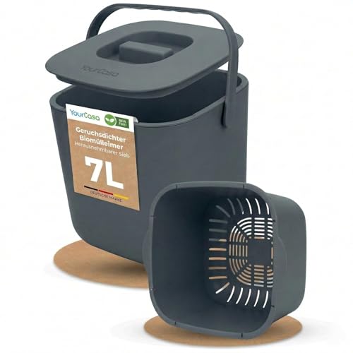 YourCasa Biomülleimer Küche 7L - Komposteimer mit herausnehmbarem Sieb & Deckel - geruchsdicht, spülmaschinenfest & ohne Biomülltüten - Bio Mülleimer für selteneres Entleeren (Anthrazit)