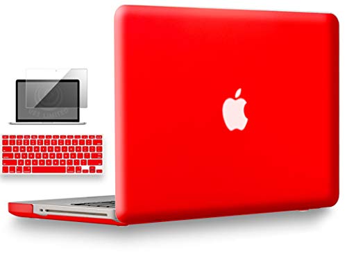 UESWILL 3in1 Smooth Matte Hard Shell Case Cover Compatible with MacBook Pro 13 inch with CD-ROM (Non-Retina) (Model A1278) + Keyboard Cover and Screen Protector + Microfibre Cleaning Cloth, Red