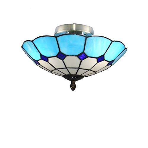 Skyweel 12 Inch Vintage Tiffany Style Glass Flush Mount Ceiling Lighting Fixtures Retro Rural Pastoral Classical Lamp Led Chandelier Semi Flush Mount Lights Lamps (12 Inch Blue B) #TOP1