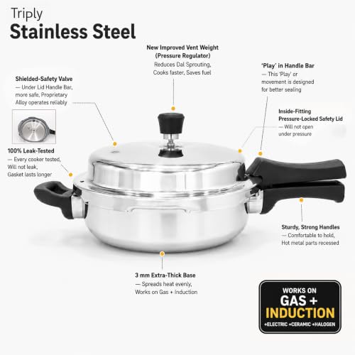 Image of SOLARA Triply Outer Lid Pressure Pan 3 Litre | 3-Ply Stainless Steel | Induction & Gas Compatible | Uniform Heat Distribution | ISI Certified | Silver