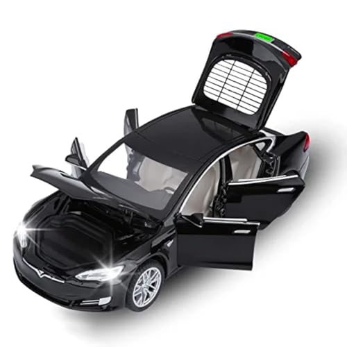 Image of DEOXY 1:32 Scale Tesla Model S Die-Cast Toy Car - Black Electric Car Model with Openable Doors, Hood & Trunk, Pull Back Action, Light & Sound Effects - Metal Body for Kids (Black)